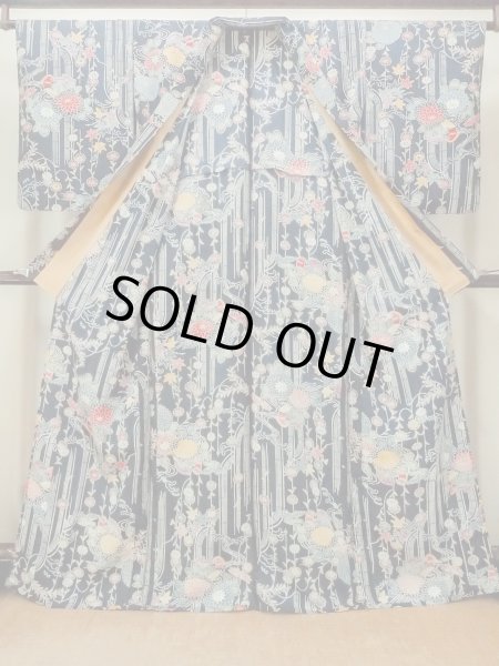 Photo2: O1002C Vintage Japanese kimono Indigo Blue HITOE unlined for women / Silk. Chrysanthemum (Grade B) (2)