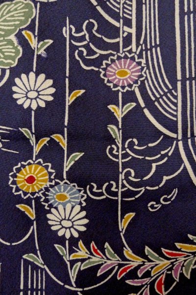 Photo7: O1002C Vintage Japanese kimono Indigo Blue HITOE unlined for women / Silk. Chrysanthemum (Grade B) (7)