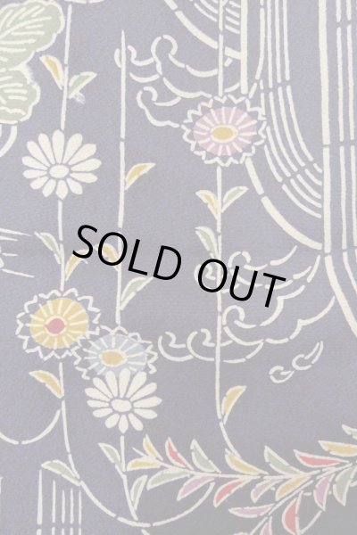 Photo7: O1002C Vintage Japanese kimono Indigo Blue HITOE unlined for women / Silk. Chrysanthemum (Grade B) (7)