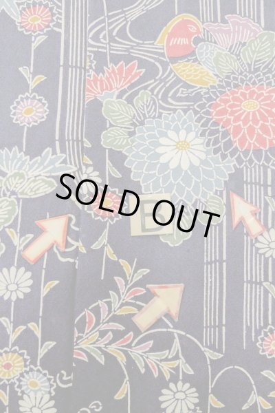 Photo15: O1002C Vintage Japanese kimono Indigo Blue HITOE unlined for women / Silk. Chrysanthemum (Grade B) (15)