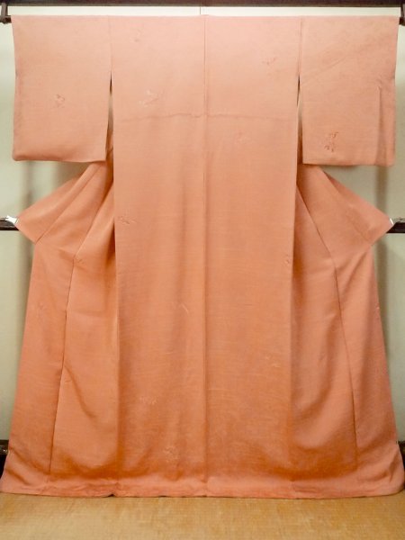 Photo1: Mint O1002F Vintage Japanese kimono Coral IROMUJI plain colored for women / Silk. UME plum bloom (Grade A) (1)