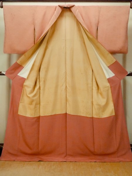 Photo2: Mint O1002F Vintage Japanese kimono Coral IROMUJI plain colored for women / Silk. UME plum bloom (Grade A) (2)