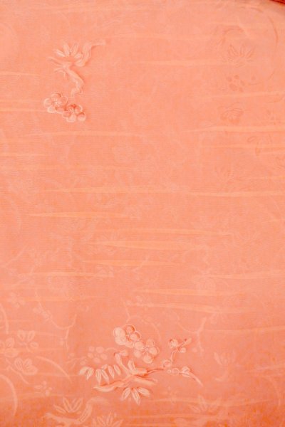 Photo3: Mint O1002F Vintage Japanese kimono Coral IROMUJI plain colored for women / Silk. UME plum bloom (Grade A) (3)