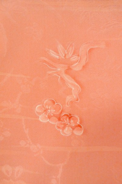 Photo6: Mint O1002F Vintage Japanese kimono Coral IROMUJI plain colored for women / Silk. UME plum bloom (Grade A) (6)
