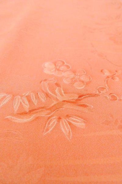 Photo9: Mint O1002F Vintage Japanese kimono Coral IROMUJI plain colored for women / Silk. UME plum bloom (Grade A) (9)
