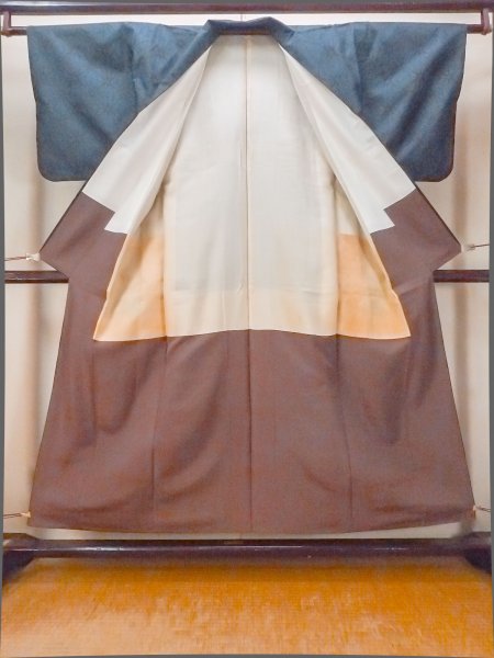 Photo2: O1002I Vintage Japanese kimono Indigo Blue TSUMUGI pongee for women / Silk. Hemp leaf (Grade B) (2)