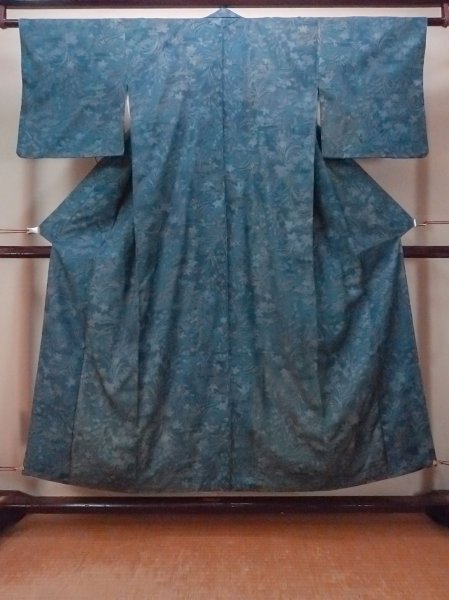 Photo1: O1002J Vintage Japanese kimono Dark Grayish Light Blue TSUMUGI pongee for women / Silk. Flower (Grade D) (1)
