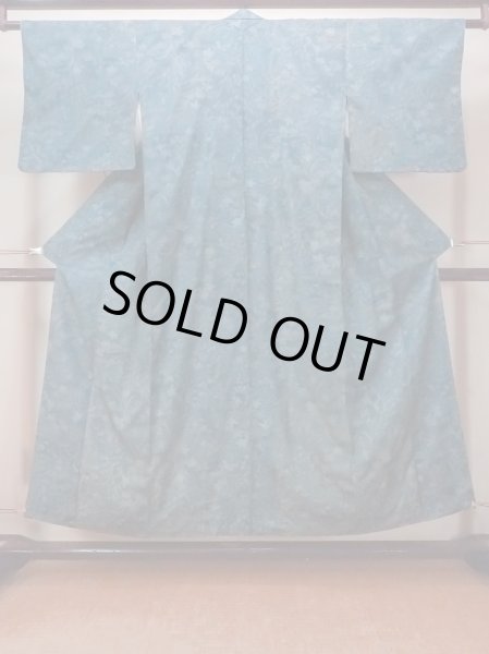 Photo1: O1002J Vintage Japanese kimono Dark Grayish Light Blue TSUMUGI pongee for women / Silk. Flower (Grade D) (1)