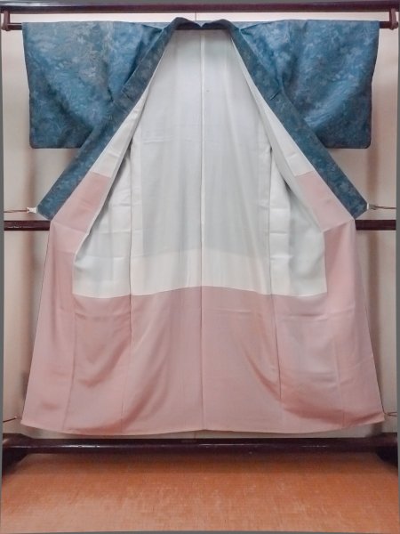 Photo2: O1002J Vintage Japanese kimono Dark Grayish Light Blue TSUMUGI pongee for women / Silk. Flower (Grade D) (2)