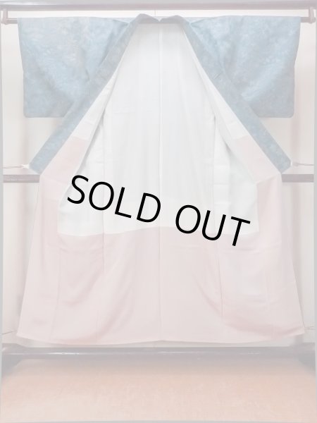 Photo2: O1002J Vintage Japanese kimono Dark Grayish Light Blue TSUMUGI pongee for women / Silk. Flower (Grade D) (2)