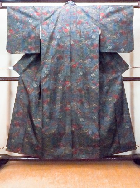 Photo1: Mint O1002L Vintage Japanese kimono Dark Multi Color TSUMUGI pongee for women / Silk. Peony (Grade A) (1)