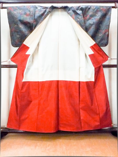 Photo2: Mint O1002L Vintage Japanese kimono Dark Multi Color TSUMUGI pongee for women / Silk. Peony (Grade A) (2)