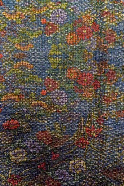 Photo4: Mint O1002L Vintage Japanese kimono Dark Multi Color TSUMUGI pongee for women / Silk. Peony (Grade A) (4)