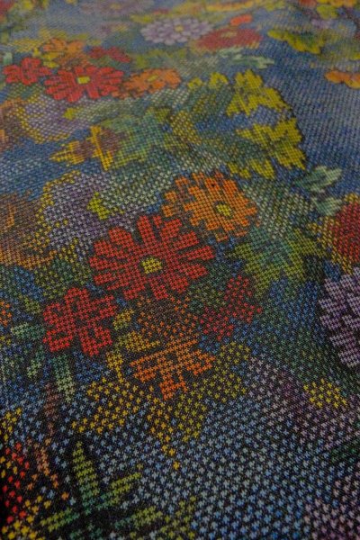 Photo10: Mint O1002L Vintage Japanese kimono Dark Multi Color TSUMUGI pongee for women / Silk. Peony (Grade A) (10)