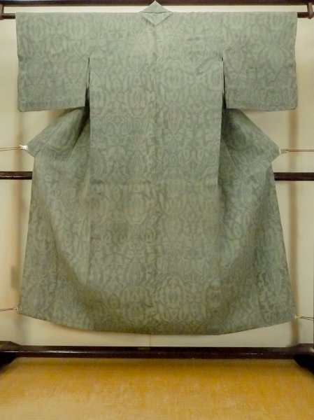 Photo1: O1002O Vintage Japanese kimono Grayish Green TSUMUGI pongee for women / Linen. Chinz pattern (Grade D) (1)