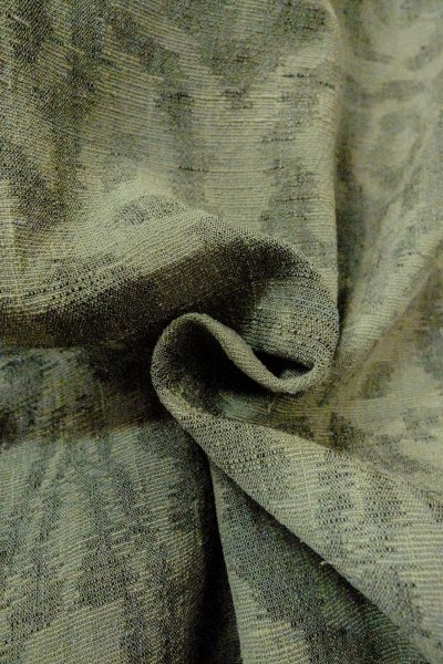 Photo11: O1002O Vintage Japanese kimono Grayish Green TSUMUGI pongee for women / Linen. Chinz pattern (Grade D) (11)
