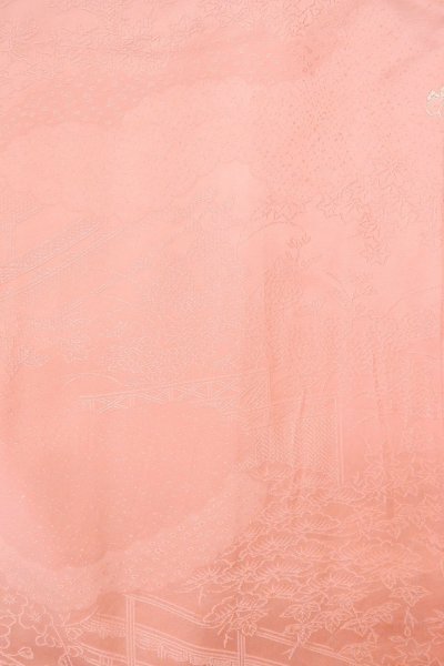 Photo3: O1002Q Vintage Japanese kimono Shiny Pink IROMUJI plain colored for women / Silk., Base woven pattern: Pine tree/branch/needle, House, Stream, Gap in a cloud, Folding fan pattern (Grade B) (3)