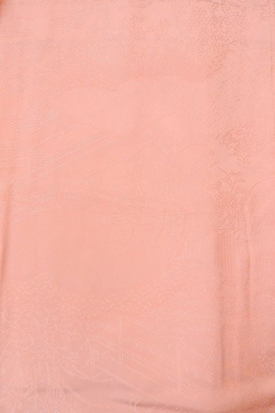 Photo4: O1002Q Vintage Japanese kimono Shiny Pink IROMUJI plain colored for women / Silk., Base woven pattern: Pine tree/branch/needle, House, Stream, Gap in a cloud, Folding fan pattern (Grade B) (4)