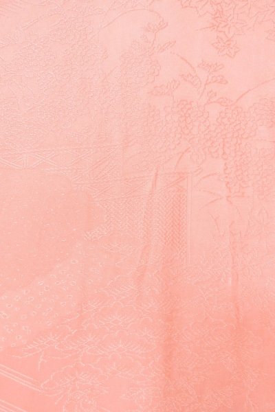 Photo5: O1002Q Vintage Japanese kimono Shiny Pink IROMUJI plain colored for women / Silk., Base woven pattern: Pine tree/branch/needle, House, Stream, Gap in a cloud, Folding fan pattern (Grade B) (5)