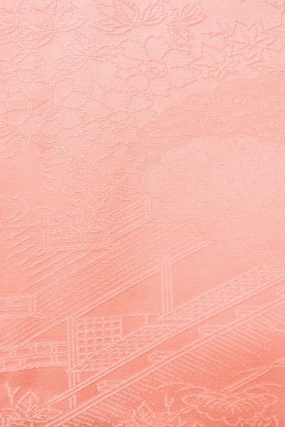 Photo6: O1002Q Vintage Japanese kimono Shiny Pink IROMUJI plain colored for women / Silk., Base woven pattern: Pine tree/branch/needle, House, Stream, Gap in a cloud, Folding fan pattern (Grade B) (6)