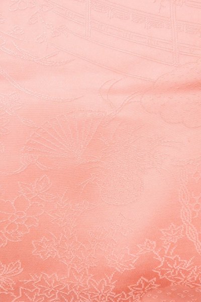 Photo7: O1002Q Vintage Japanese kimono Shiny Pink IROMUJI plain colored for women / Silk., Base woven pattern: Pine tree/branch/needle, House, Stream, Gap in a cloud, Folding fan pattern (Grade B) (7)