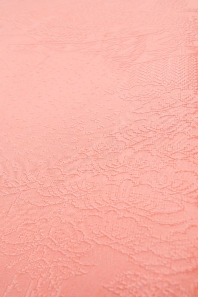 Photo8: O1002Q Vintage Japanese kimono Shiny Pink IROMUJI plain colored for women / Silk., Base woven pattern: Pine tree/branch/needle, House, Stream, Gap in a cloud, Folding fan pattern (Grade B) (8)