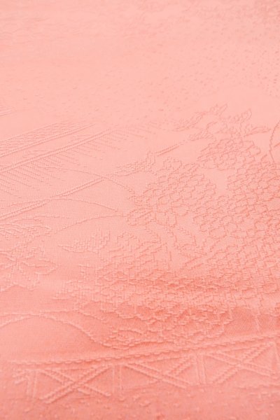 Photo9: O1002Q Vintage Japanese kimono Shiny Pink IROMUJI plain colored for women / Silk., Base woven pattern: Pine tree/branch/needle, House, Stream, Gap in a cloud, Folding fan pattern (Grade B) (9)