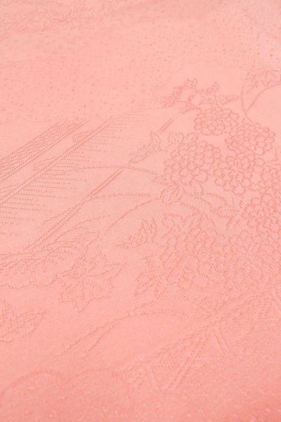 Photo10: O1002Q Vintage Japanese kimono Shiny Pink IROMUJI plain colored for women / Silk., Base woven pattern: Pine tree/branch/needle, House, Stream, Gap in a cloud, Folding fan pattern (Grade B) (10)