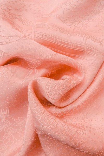 Photo13: O1002Q Vintage Japanese kimono Shiny Pink IROMUJI plain colored for women / Silk., Base woven pattern: Pine tree/branch/needle, House, Stream, Gap in a cloud, Folding fan pattern (Grade B) (13)