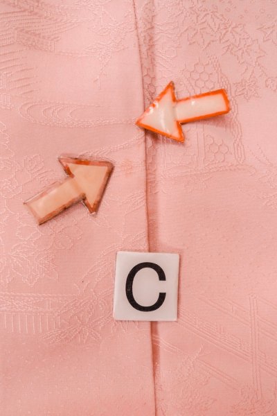 Photo17: O1002Q Vintage Japanese kimono Shiny Pink IROMUJI plain colored for women / Silk., Base woven pattern: Pine tree/branch/needle, House, Stream, Gap in a cloud, Folding fan pattern (Grade B) (17)