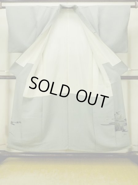 Photo2: O1002S Vintage Japanese kimono Light Grayish Green IROMUJI plain colored for women / Silk., There are some patterns on the lining. (Grade C) (2)