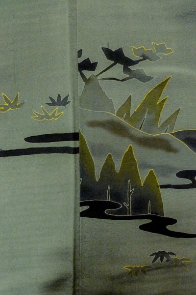 Photo14: O1002S Vintage Japanese kimono Light Grayish Green IROMUJI plain colored for women / Silk., There are some patterns on the lining. (Grade C) (14)