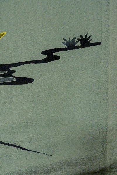 Photo15: O1002S Vintage Japanese kimono Light Grayish Green IROMUJI plain colored for women / Silk., There are some patterns on the lining. (Grade C) (15)