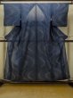 Photo1: O1002U Vintage Japanese kimono Dark Indigo Blue HITOE unlined for women / Silk. Abstract pattern, Japanese killifish pattern (Grade C) (1)