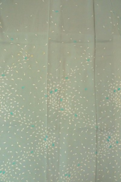 Photo4: O1002W Vintage Japanese kimono Light Grayish Light Blue TSUKESAGE formal for women / Silk. Leaf (Grade D) (4)