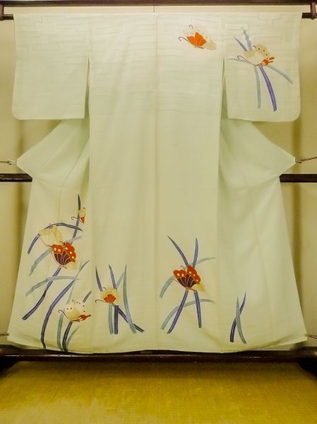 Photo1: O1002Y Vintage Japanese kimono Pale Light Teal HOUMONGI formal for women / Silk. Butterfly (Grade C) (1)