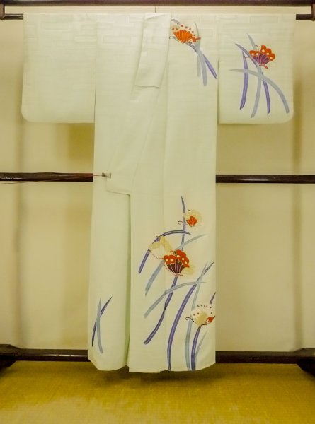 Photo2: O1002Y Vintage Japanese kimono Pale Light Teal HOUMONGI formal for women / Silk. Butterfly (Grade C) (2)