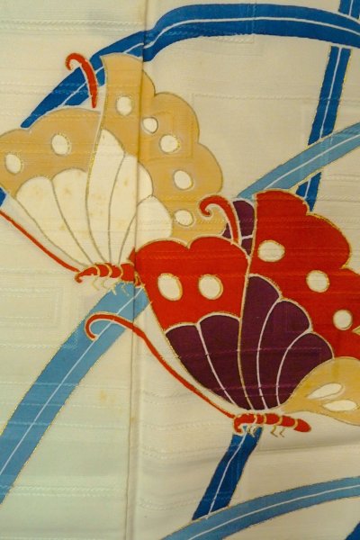 Photo7: O1002Y Vintage Japanese kimono Pale Light Teal HOUMONGI formal for women / Silk. Butterfly (Grade C) (7)