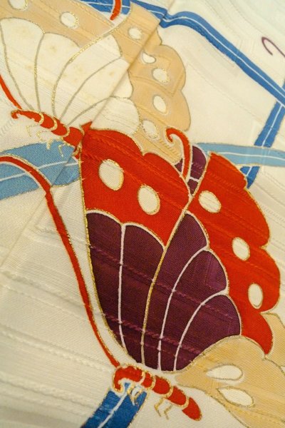 Photo10: O1002Y Vintage Japanese kimono Pale Light Teal HOUMONGI formal for women / Silk. Butterfly (Grade C) (10)