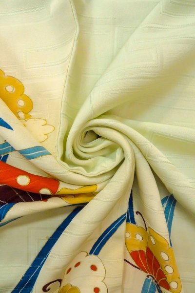 Photo14: O1002Y Vintage Japanese kimono Pale Light Teal HOUMONGI formal for women / Silk. Butterfly (Grade C) (14)