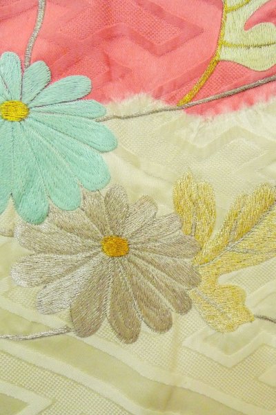 Photo12: O1003F Vintage Japanese kimono Shiny White FURISODE long-sleeved for women / Silk. Chrysanthemum (Grade C) (12)