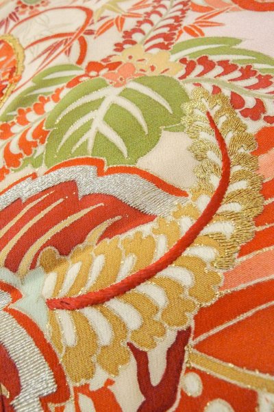 Photo25: O1105A Antique Japanese kimono Light Pink FURISODE long-sleeved for women / Silk. Peony, There is a design on the bottom of the lining. (Grade C) (25)