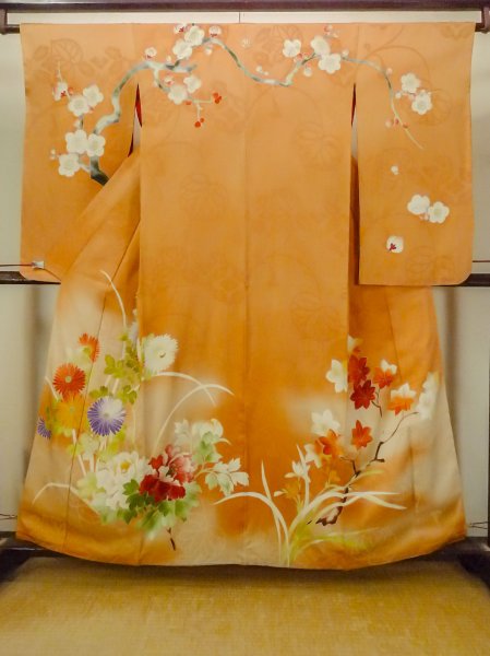 Photo1: O1105B Antique Japanese kimono Pale Orange FURISODE long-sleeved for women / Silk. Peony (Grade C) (1)