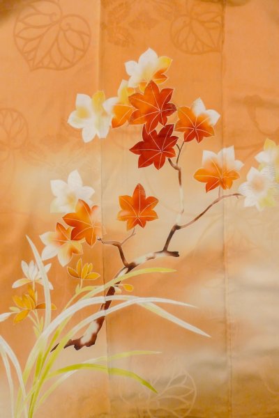 Photo9: O1105B Antique Japanese kimono Pale Orange FURISODE long-sleeved for women / Silk. Peony (Grade C) (9)