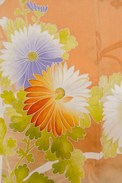 Photo10: O1105B Antique Japanese kimono Pale Orange FURISODE long-sleeved for women / Silk. Peony (Grade C) (10)