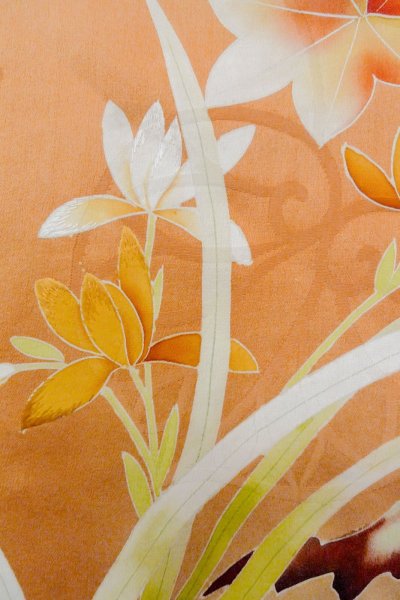 Photo14: O1105B Antique Japanese kimono Pale Orange FURISODE long-sleeved for women / Silk. Peony (Grade C) (14)