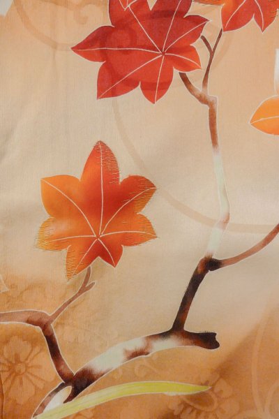 Photo15: O1105B Antique Japanese kimono Pale Orange FURISODE long-sleeved for women / Silk. Peony (Grade C) (15)