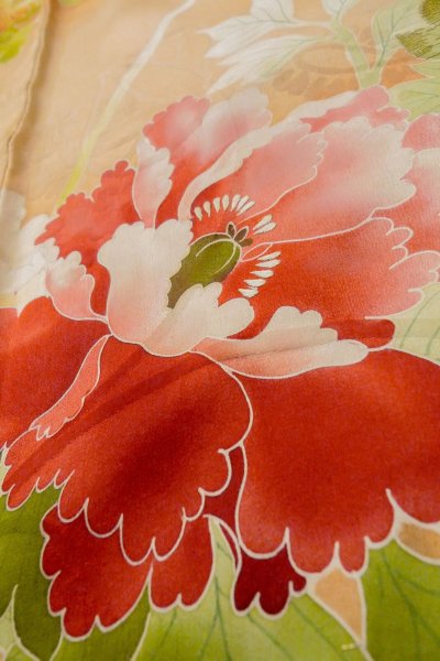 Photo19: O1105B Antique Japanese kimono Pale Orange FURISODE long-sleeved for women / Silk. Peony (Grade C) (19)