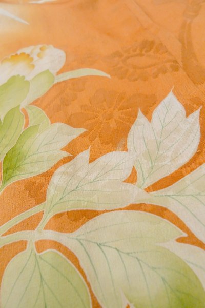 Photo20: O1105B Antique Japanese kimono Pale Orange FURISODE long-sleeved for women / Silk. Peony (Grade C) (20)