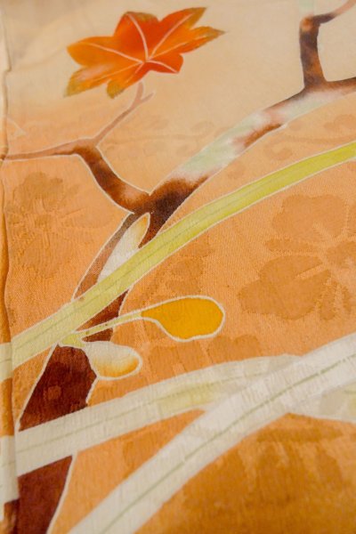 Photo22: O1105B Antique Japanese kimono Pale Orange FURISODE long-sleeved for women / Silk. Peony (Grade C) (22)